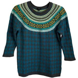 Talbots Fair Isle Plaid Sweater Lambswool Blend Sz MP 3/4 Sleeves Preppy Cozy